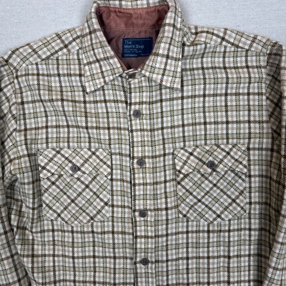 Vintage 70s JCPenney Plaid Shirt Medium Acrylic Brown Tan Workwear Grandpacore